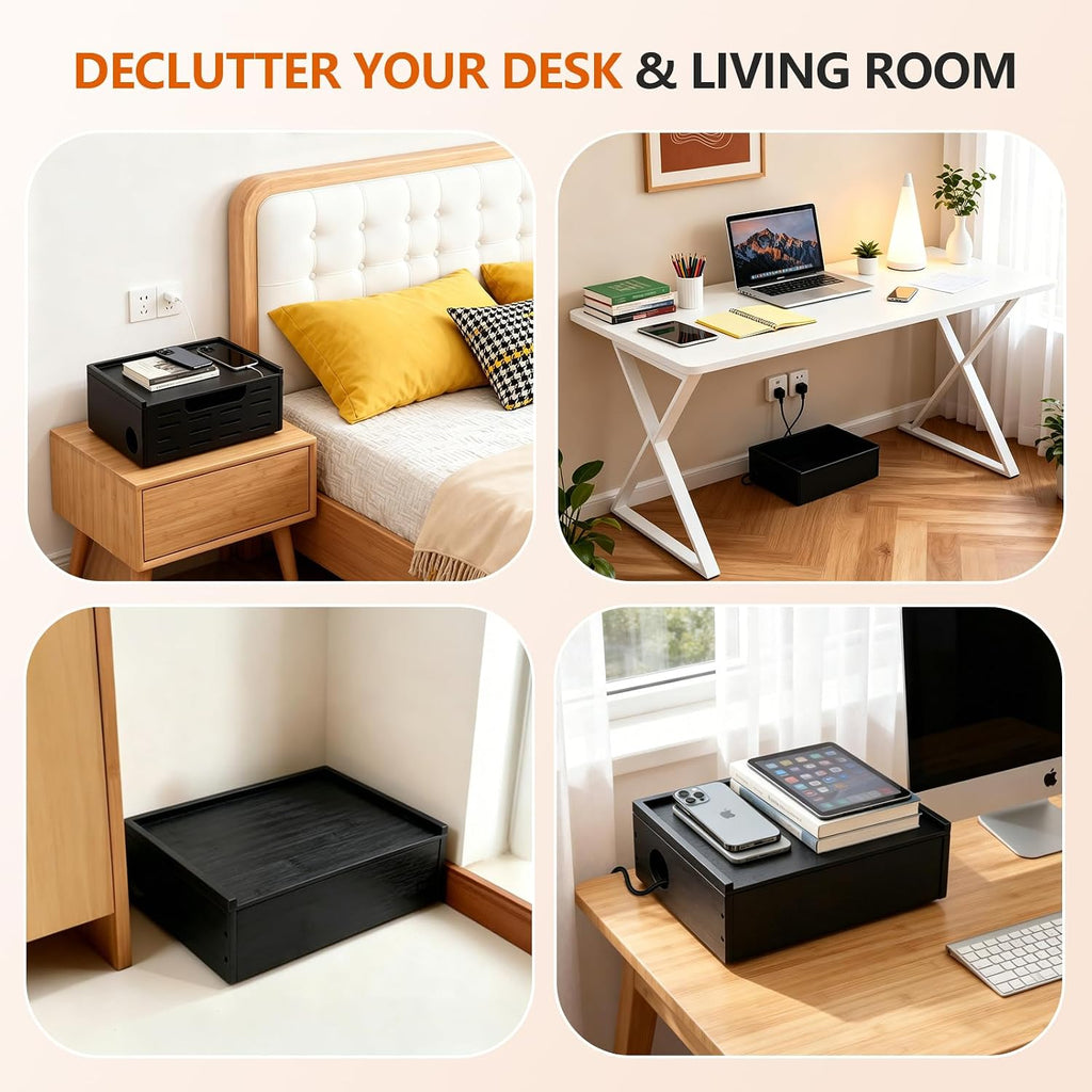 Wooden Cable Management Box - A Stylish Cable Storage Box, Suitable for Power sockets, USB Hiding, TV Cables, Desktop and Floor Cables - a Large Cable Storage Box for Management