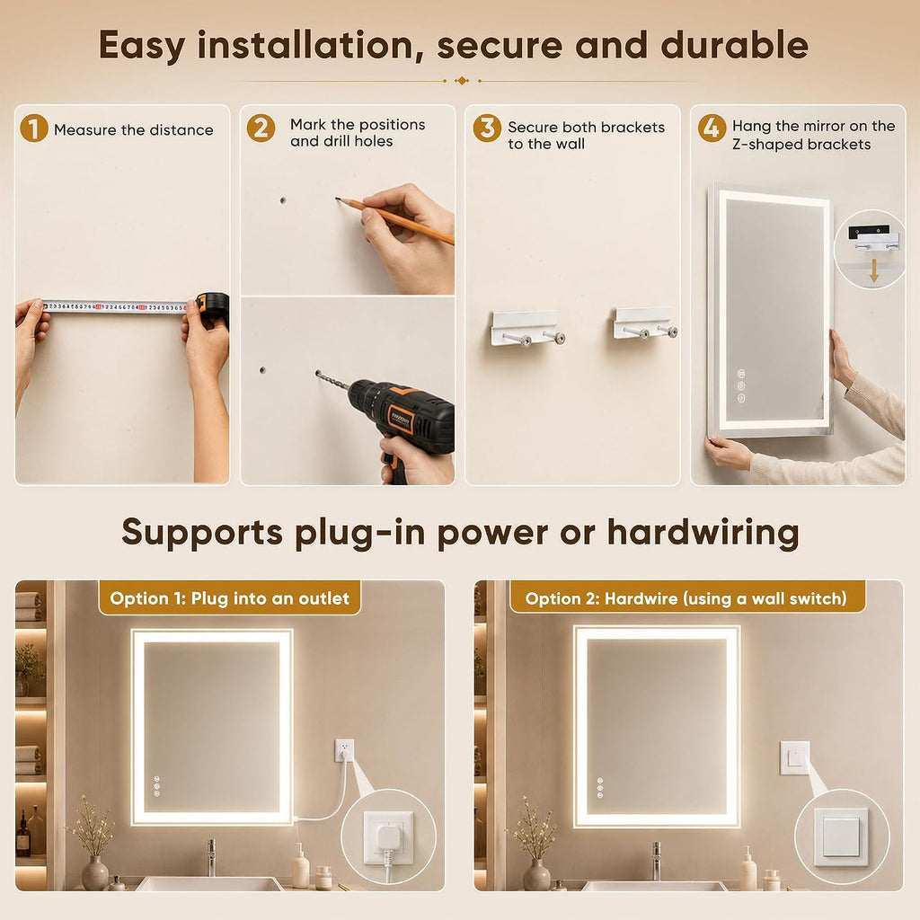 Antok 30x36 LED Bathroom Mirror with Lights, Backlit + Frontlit