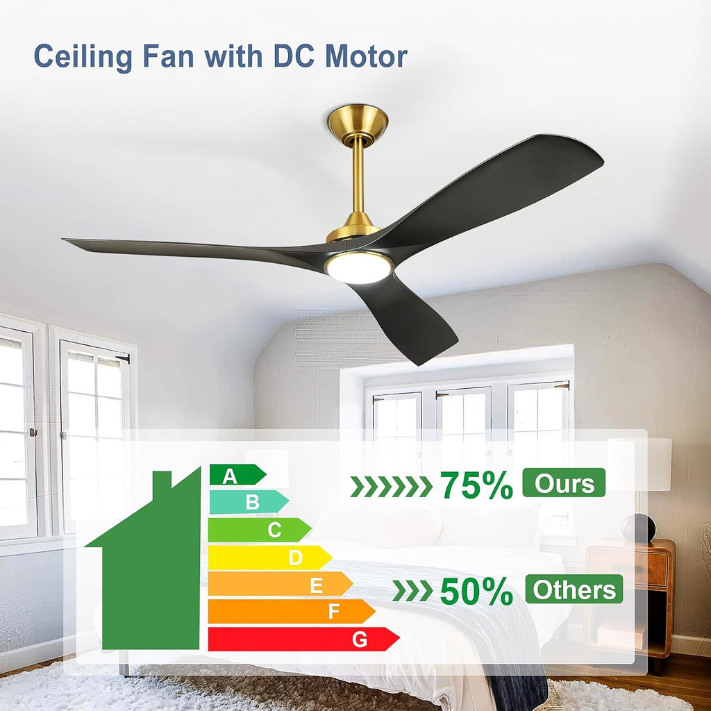 Modern Ceiling Fan with Light: Black and Gold Ceiling Fans with Remote and Smart APP Control 3 Blades - 52 Inch Ceiling Fan for Indoor Living Room Bedroom