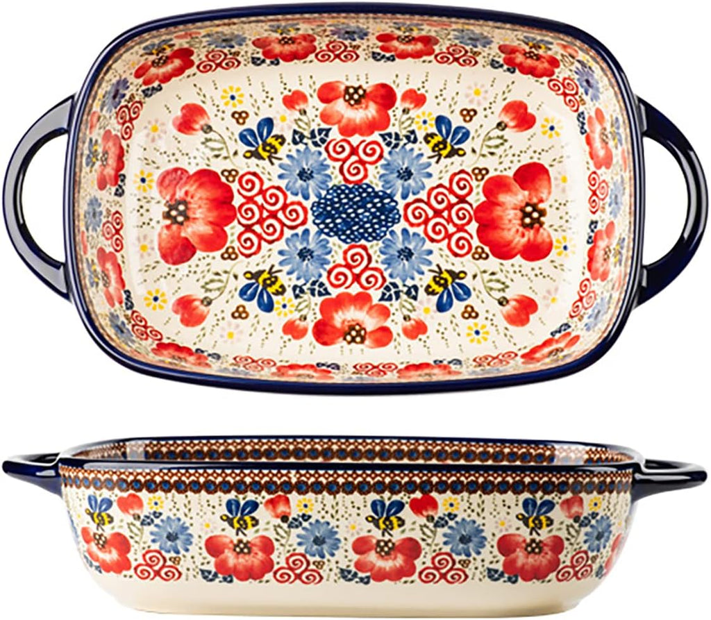 Vintage Flowers Style Ceramic Bakeware Casserole Dish Baking Pan Lasagna Pans Baking Dish with Handles for Oven/Cooking/Kitchen-1 PCS-Red Flowers-60 OZ