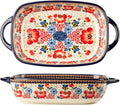 Vintage Flowers Style Ceramic Bakeware Casserole Dish Baking Pan Lasagna Pans Baking Dish with Handles for Oven/Cooking/Kitchen-1 PCS-Red Flowers-60 OZ