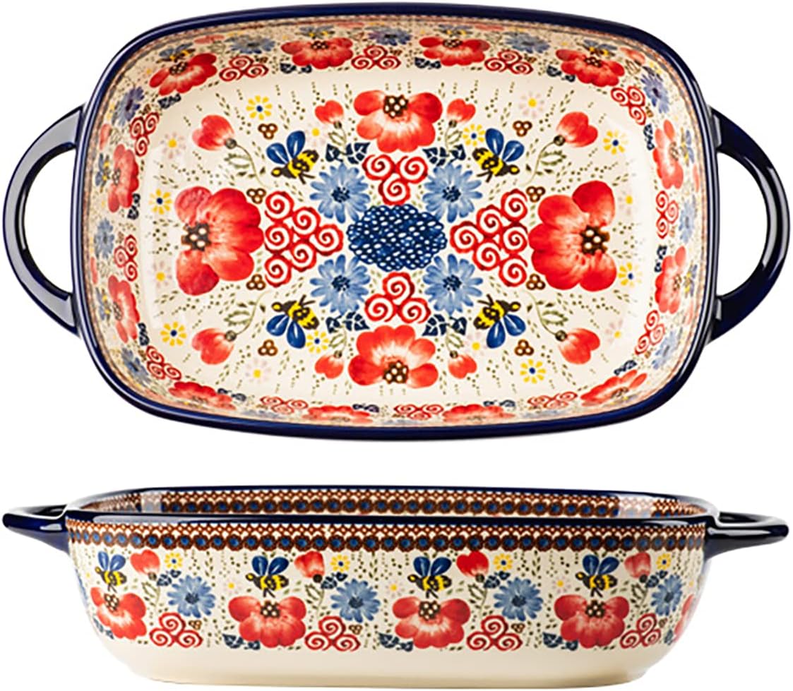 Vintage Flowers Style Ceramic Bakeware Casserole Dish Baking Pan Lasagna Pans Baking Dish with Handles for Oven/Cooking/Kitchen-1 PCS-Red Flowers-60 OZ