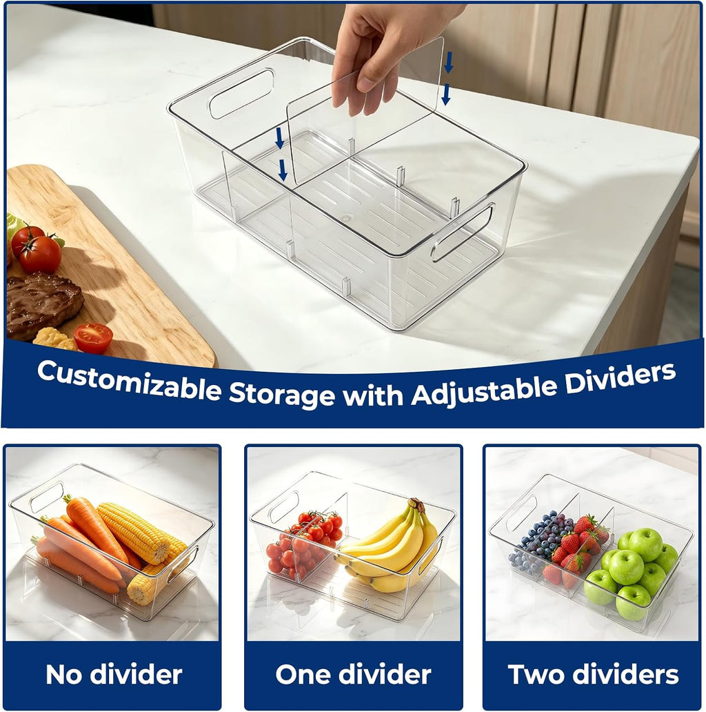 6 Pack Pantry Organizers and Storage, Food Storage Containers with 3 Removable Divider for Kitchen, Fridge, Cabinet Organization, Clear Plastic Storage Bins for Snacks, Spice Packets, Packets, Pouches