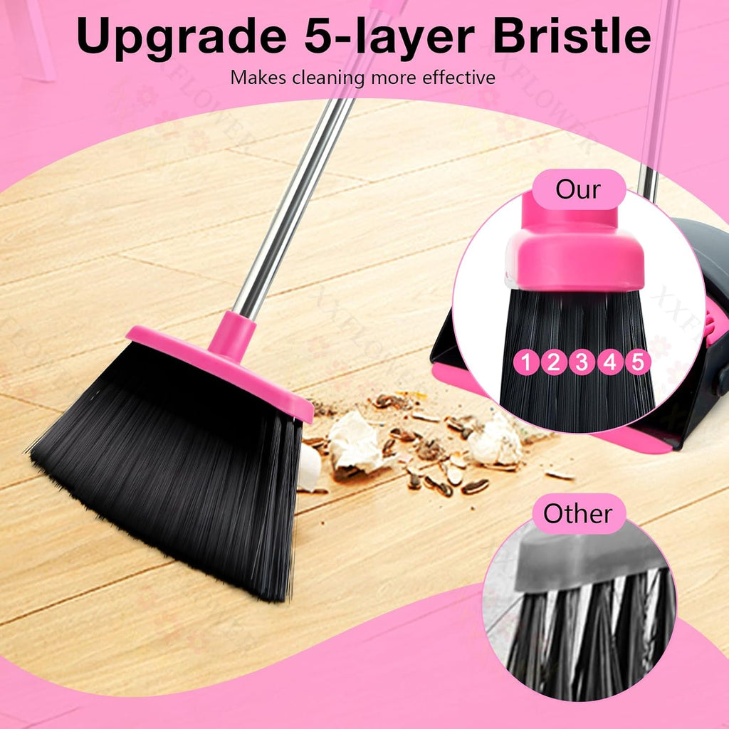 Broom and Dustpan Set,Long Handle Lightweight Dustpans with Broom Combo for Home,Indoor&Outdoor Sweeping for Home Room Kitchen Office Lobby (Black Pink)