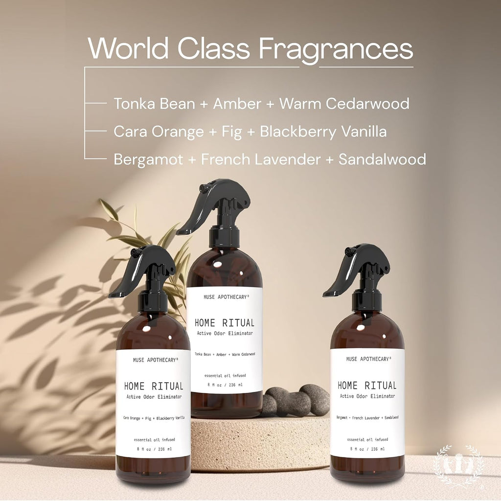 Muse Apothecary Home Ritual Active Odor Eliminator Spray - Furniture Deodorizer Spray & Bathroom Odor Eliminator for Home - Essential Oil Air Freshener - 4oz, Tonka Bean + Amber + Warm Cedarwood