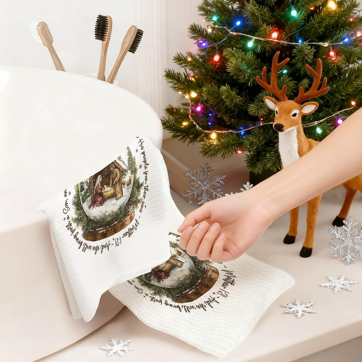 Christmas Nativity Christian Kitchen Towels, Matthew 1:21 Bible Verse Decor Dish Tea Towels for Kitchen, Winter Holiday Religious Xmas Hand Towel for Bathroom Decor, 16x24 Inches