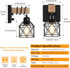FadimiKoo Dimmable Wall Sconces Set of Two, Bedside Wall Mounted Lamp with Rotary Switch, Wooden Black Bathroom Light Fixtures with Metal Cage, Hardwired Farmhouse Wall Lights for Bedroom, Living Room