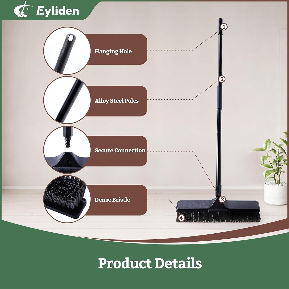 Eyliden 18" Push Broom for Deck Driveway Patio Garage, Black