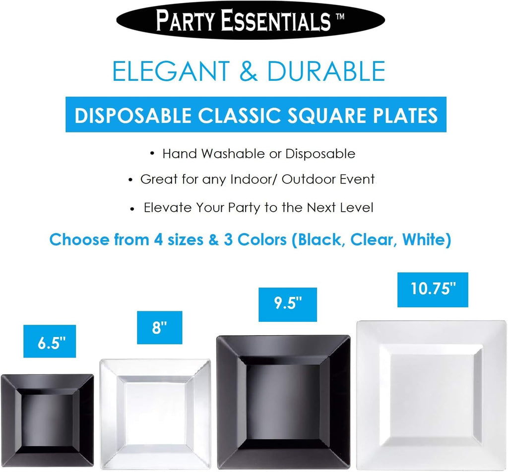Party Essentials 40-Count Hard Plastic 9.5" Classic Square Lunch/Dinner Plates, Clear