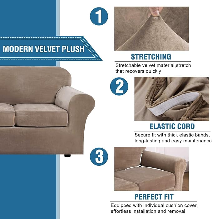 H.VERSAILTEX Real Velvet Plush 3 Piece Stretch Sofa Covers Couch Covers - Image 3