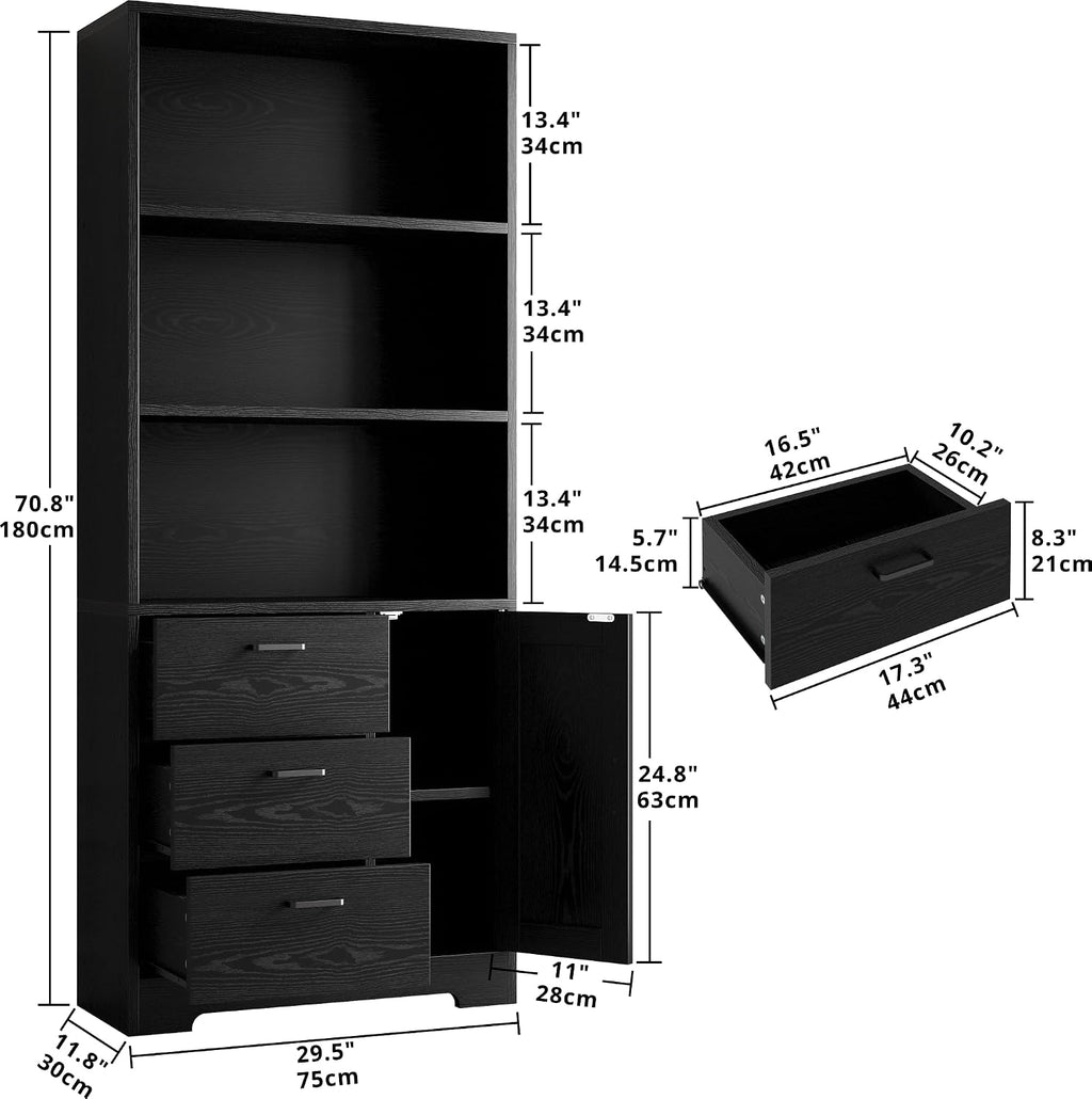 IRONCK 71 in Bookshelf with Doors and Drawers, Industrial Tall Bookcase