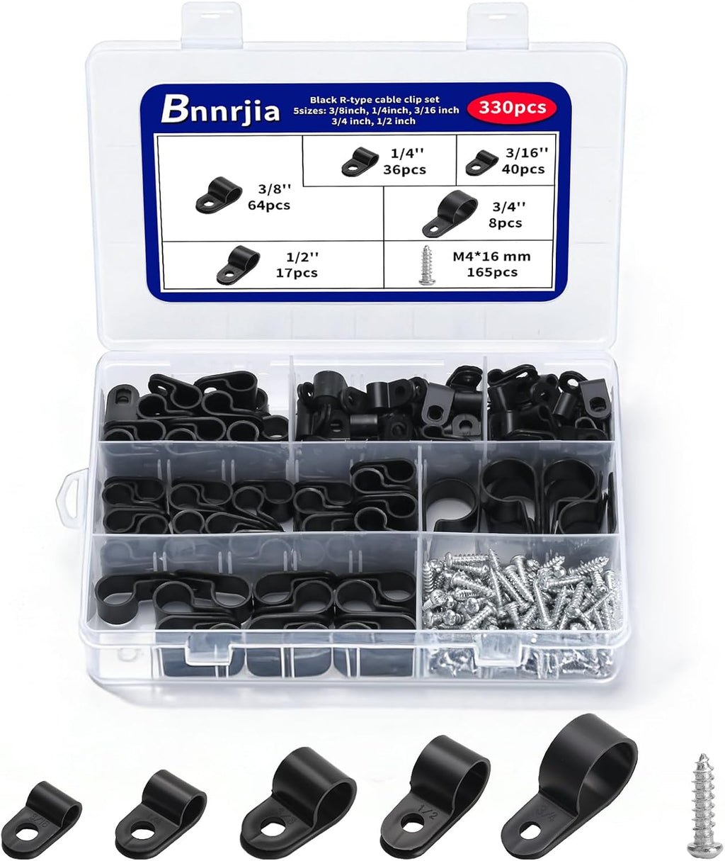 330 Pcs White Cable Clips Wall, Plastic Wire Cable Clamps with Screws, R Nylon Wire Clips for CordsWire Clamps for Cables, cCable Management Clipss, for Organizing Electric Wires Cords(5 Sizes)