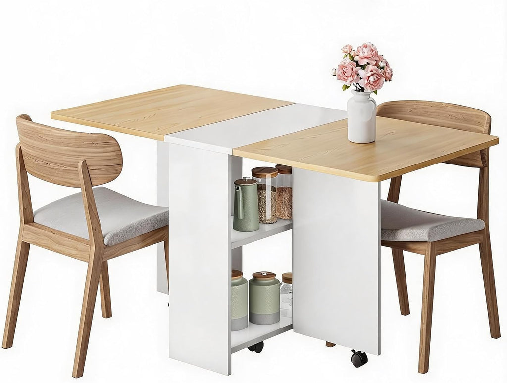 Space Saving Folding Dining Table with Drop Leaf 2 Storage Racks & 6 Wheels Extendable, Collapsible Table for Kitchen, Office, or Dining Room Light Wood Grain Flap + White Cabinet,
