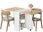 Space Saving Folding Dining Table with Drop Leaf 2 Storage Racks & 6 Wheels Extendable, Collapsible Table for Kitchen, Office, or Dining Room Light Wood Grain Flap + White Cabinet,