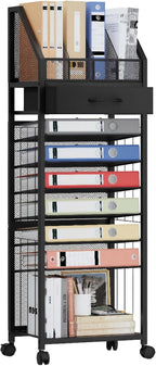 9-Tier Rolling File Cart - Paper Organizer with Drawer and Trays, Wood Desk Office Organizer, Office Organization and Binder Storage for Workspace, Home, School, Black