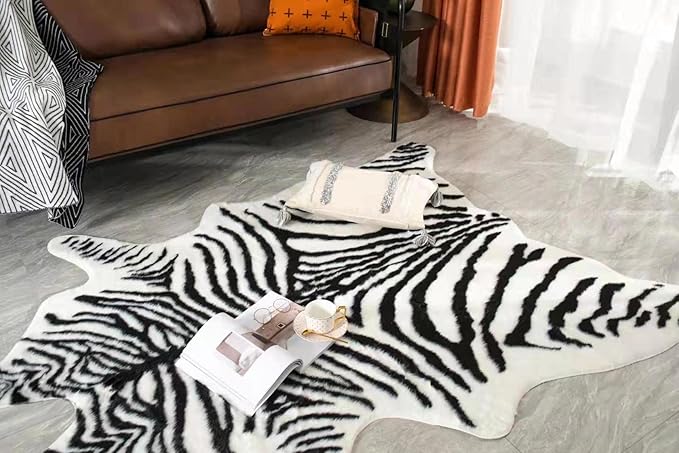 Large Zebra Print Area Rug Carpet Faux Cowhide Leather Animal Simulation Plush - Image 3