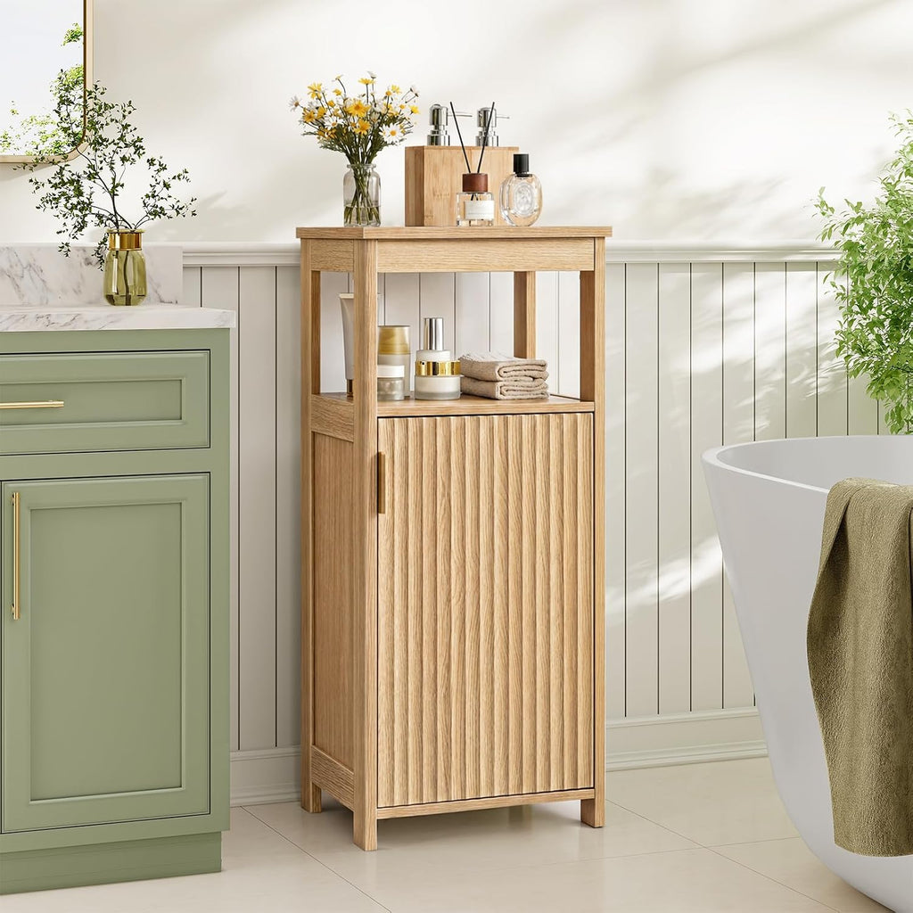 CHOEZON Bathroom Cabinet, Freestanding Bathroom Storage Cabinet with Door and Shelves, Small Floor Storage Cabinet, Narrow Bathroom Table, Fluted Door, Gold Handle, for Bathroom, Living Room, Natural