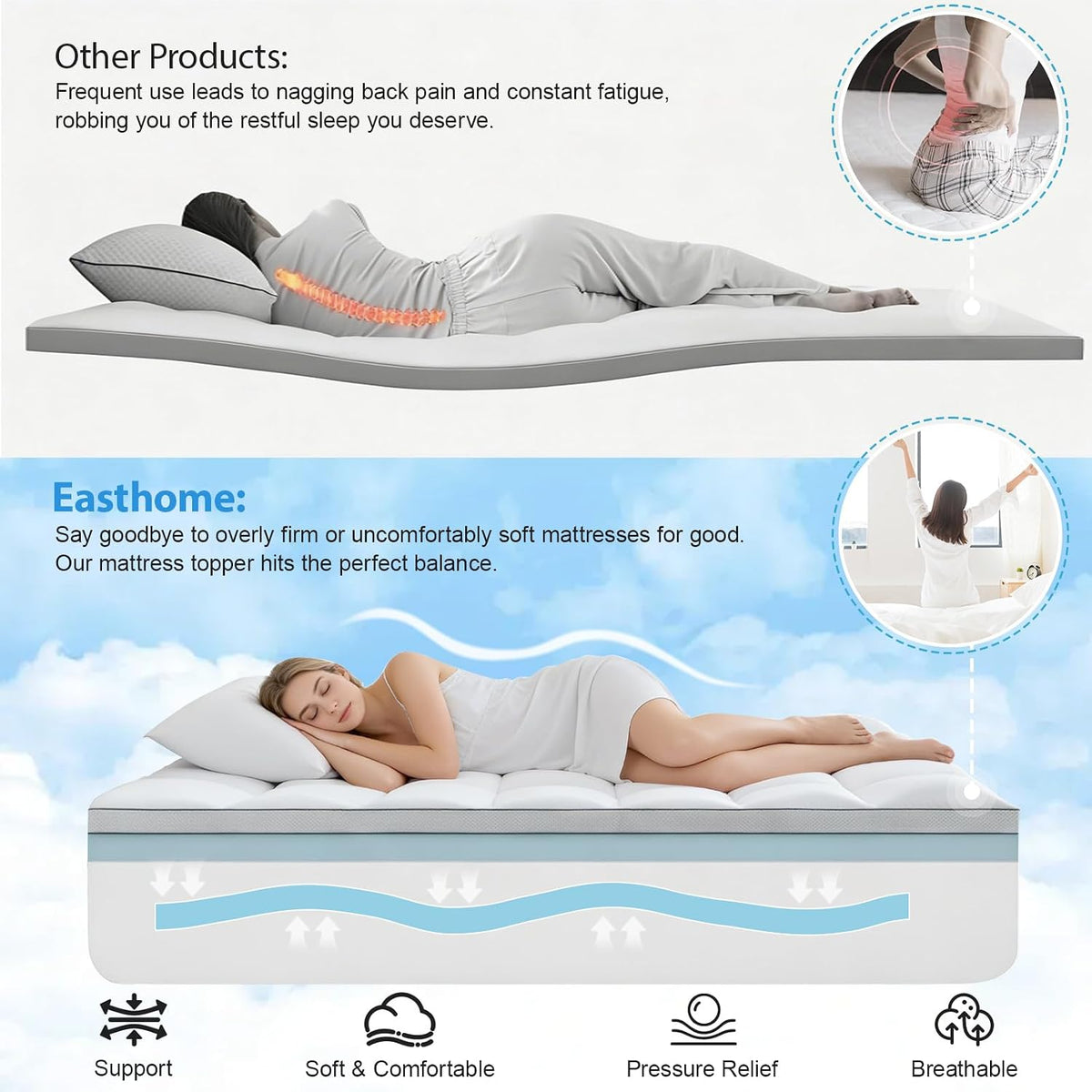 King Size Dual Layer 4 Inch Memory Foam Mattress Topper, 2 Inch Gel Memory Foam and 2 Inch Pillow Top Mattress Pad Cover, Thick Soft Bed Topper Medium Support for Back Pain, White