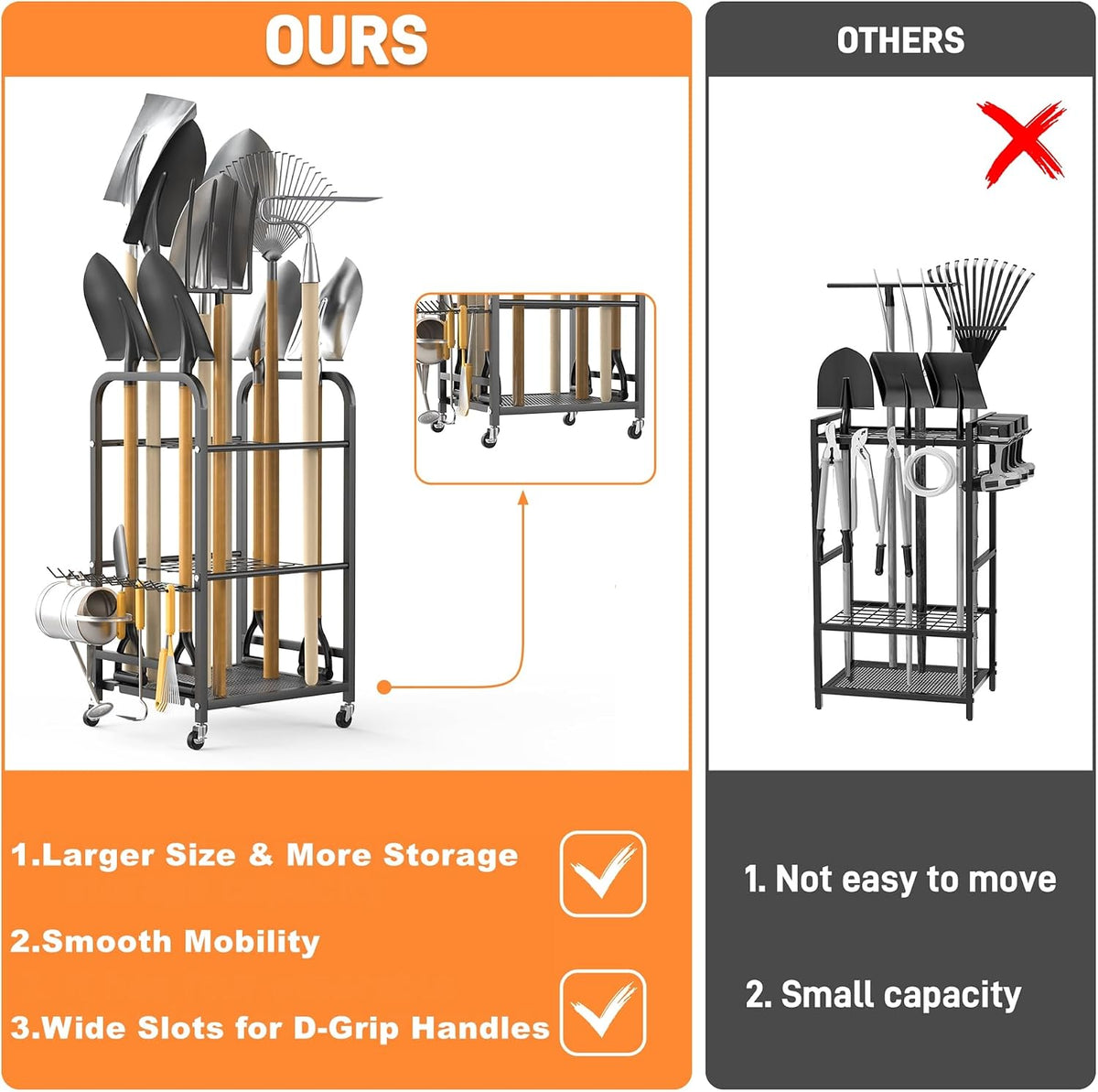 TORACK Garden Tool Organizer Stand with Wheels, Rakes Shovels Tools Stand