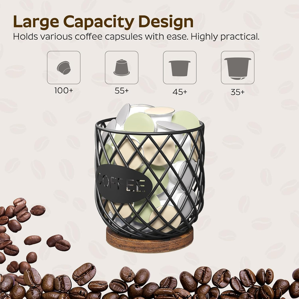 Coffee Pod Holder Organizer, Compatible with K Cup & Nespresso Vertuo Pods, Large Capacity Coffee Pod Basket, for Kitchen Countertop, Rustic Brown KH09BR