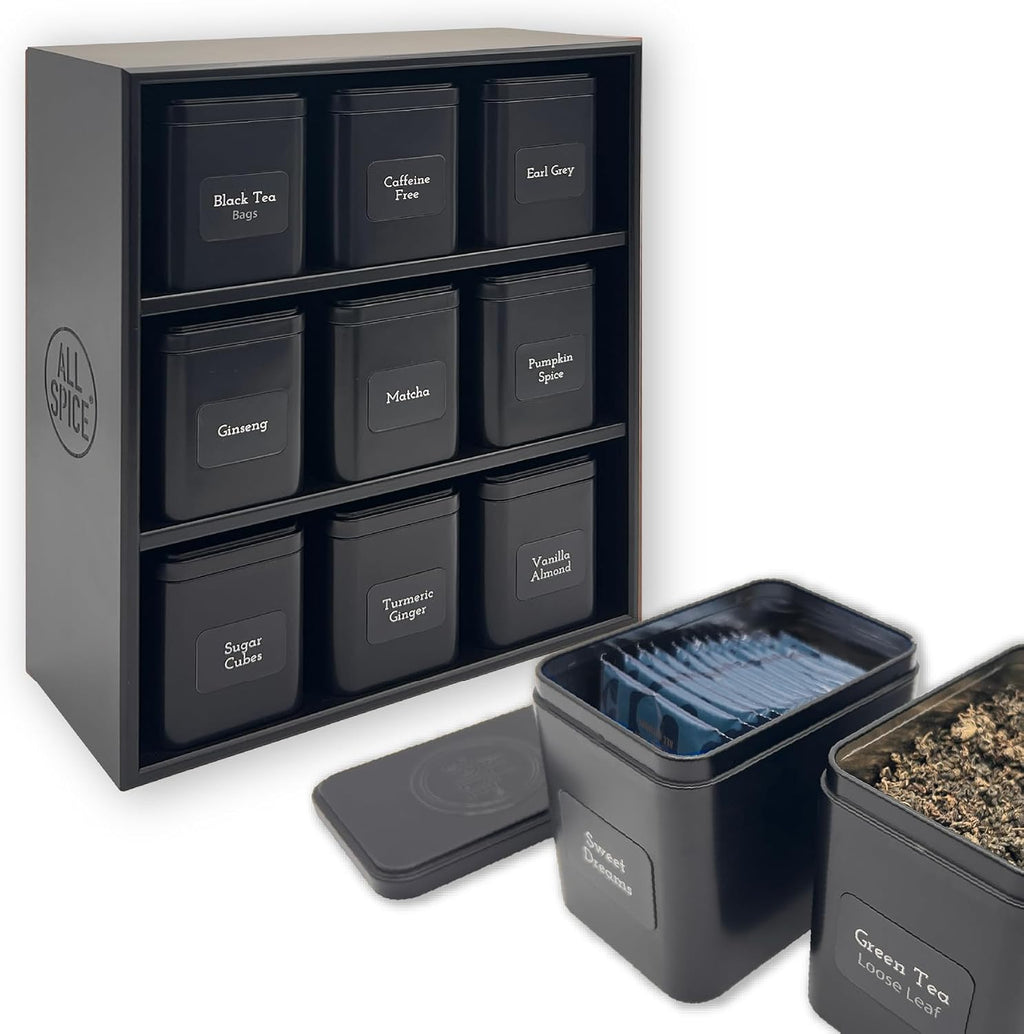 AllSpice Tea Organizer Rack with 9 Tins & 160 Magnetic Labels – Perfect for Bagged & Loose Leaf Tea Organization - Black