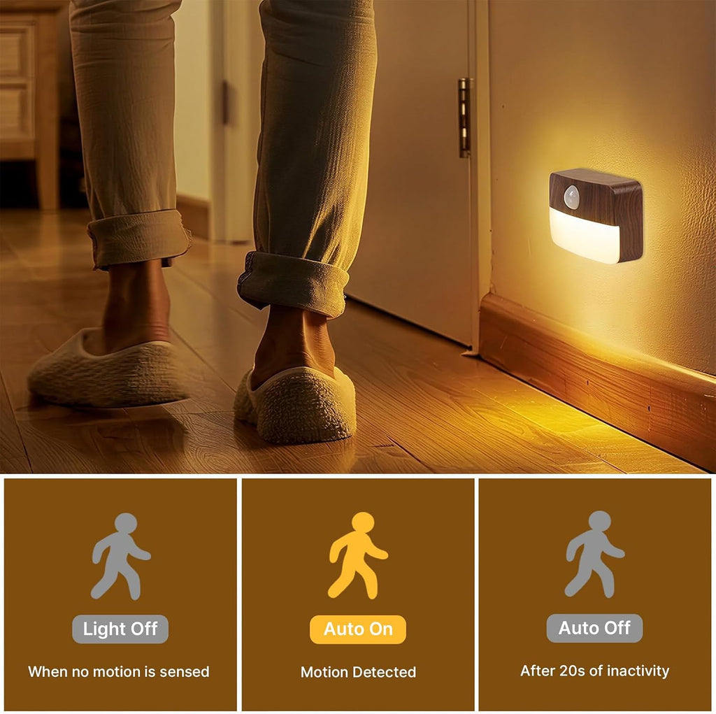 Guankai 8 Pack Motion Sensor Stair Light Indoor, Wireless Battery Operated Closet Lights, Stick on Anywhere Hallway Lamp, Portable Led Night Lamps for Bedroom Under Cabinet Kitchen, Wood Grain