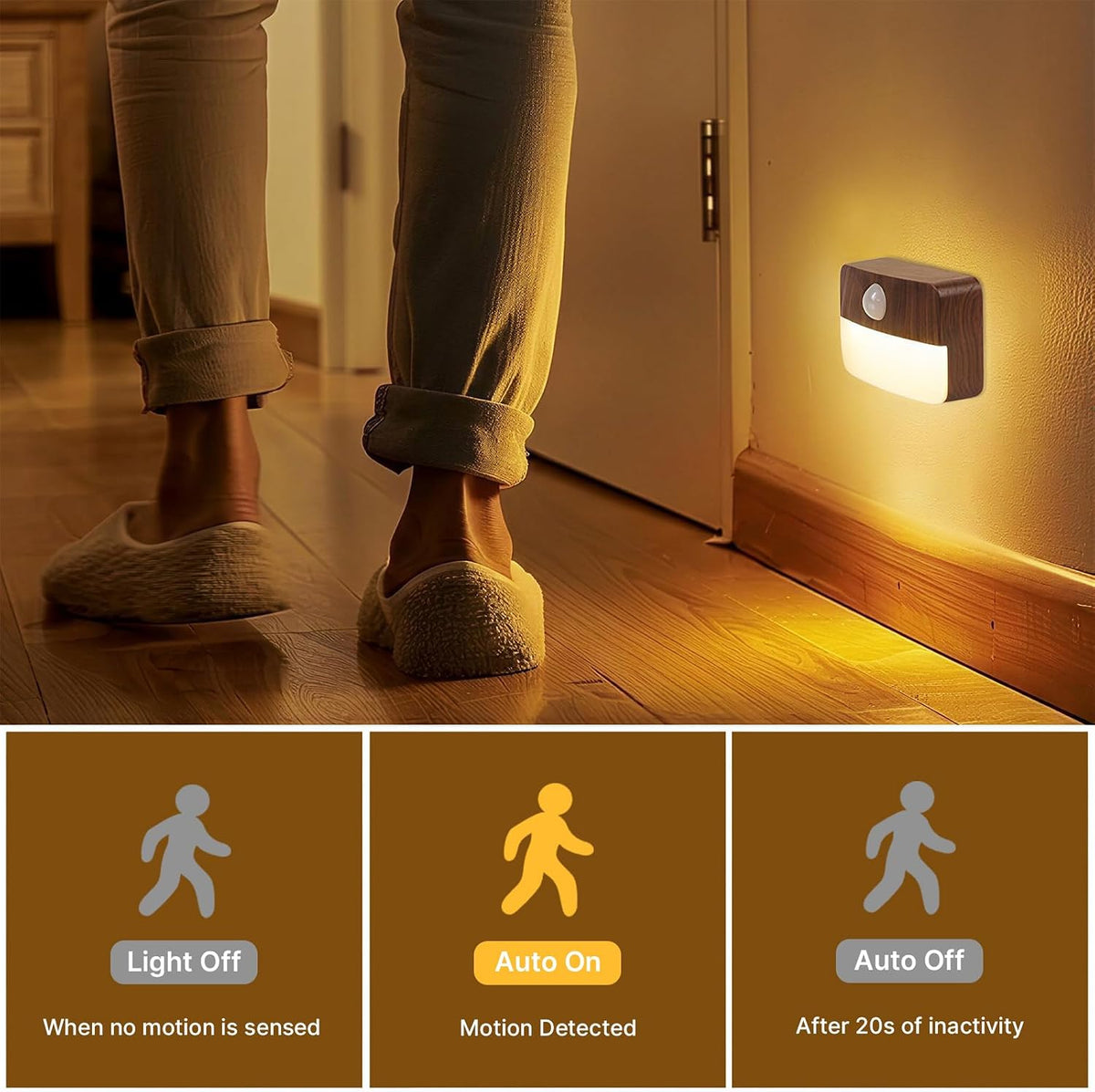 Guankai 8 Pack Motion Sensor Stair Light Indoor, Wireless Battery Operated Closet Lights, Stick on Anywhere Hallway Lamp, Portable Led Night Lamps for Bedroom Under Cabinet Kitchen, Wood Grain