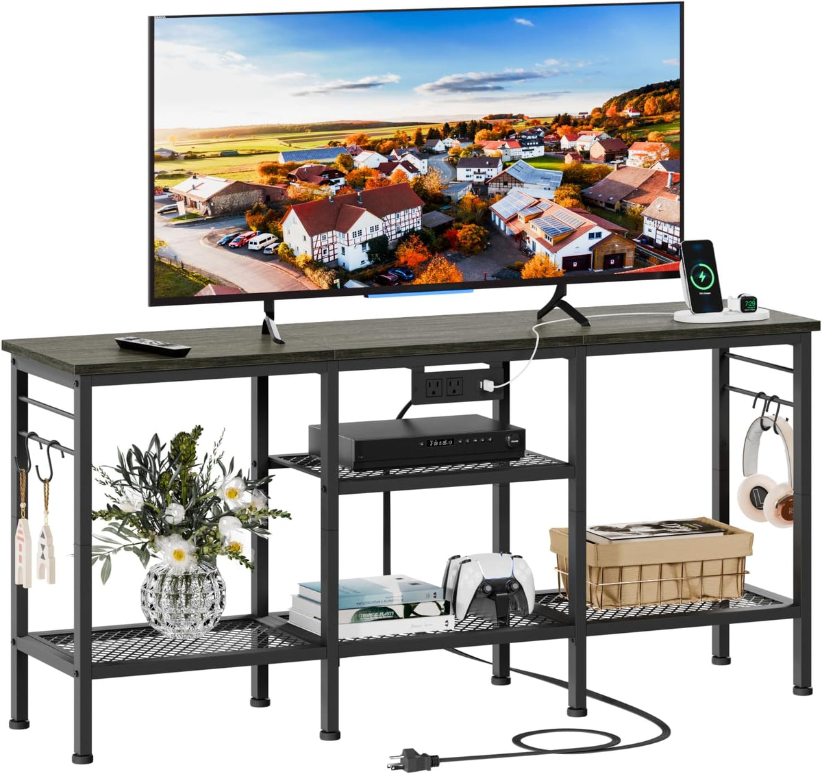 Furologee TV Stand with Power Outlets, Entertainment Center with Open Storage Shelves for TVs up to 55 Inch, Media Console Table with Soundbar Shelf for Living Room, Bedroom, Black Oak