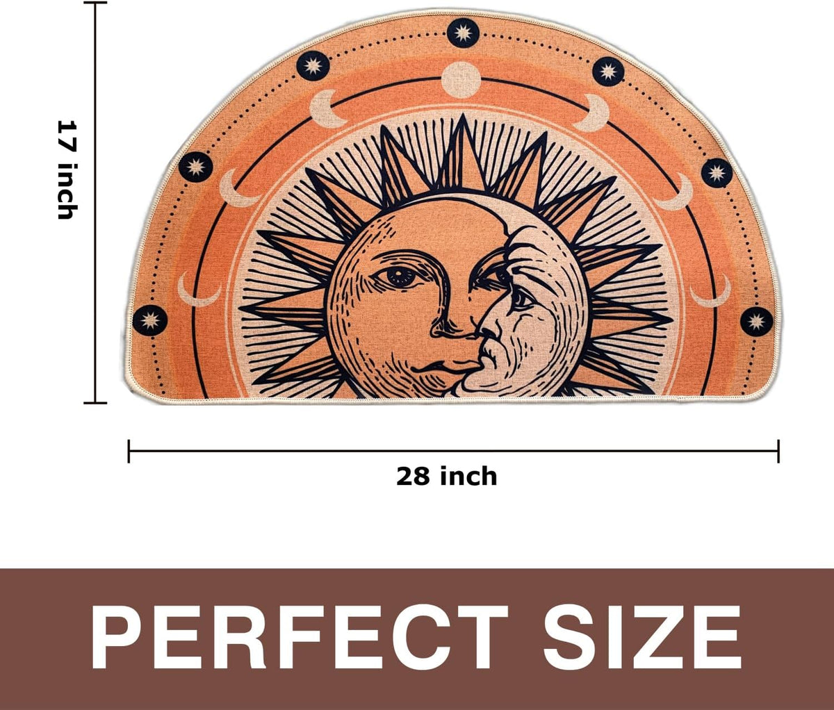 Semi Round Boho Sun and Moon Bathmat Fun Bath Mat Non Slip Washable Bathroom Decor Half Circle Bohemian Home Floor Doormat Semicircle Indoor Rug (Gold, No Fluff)