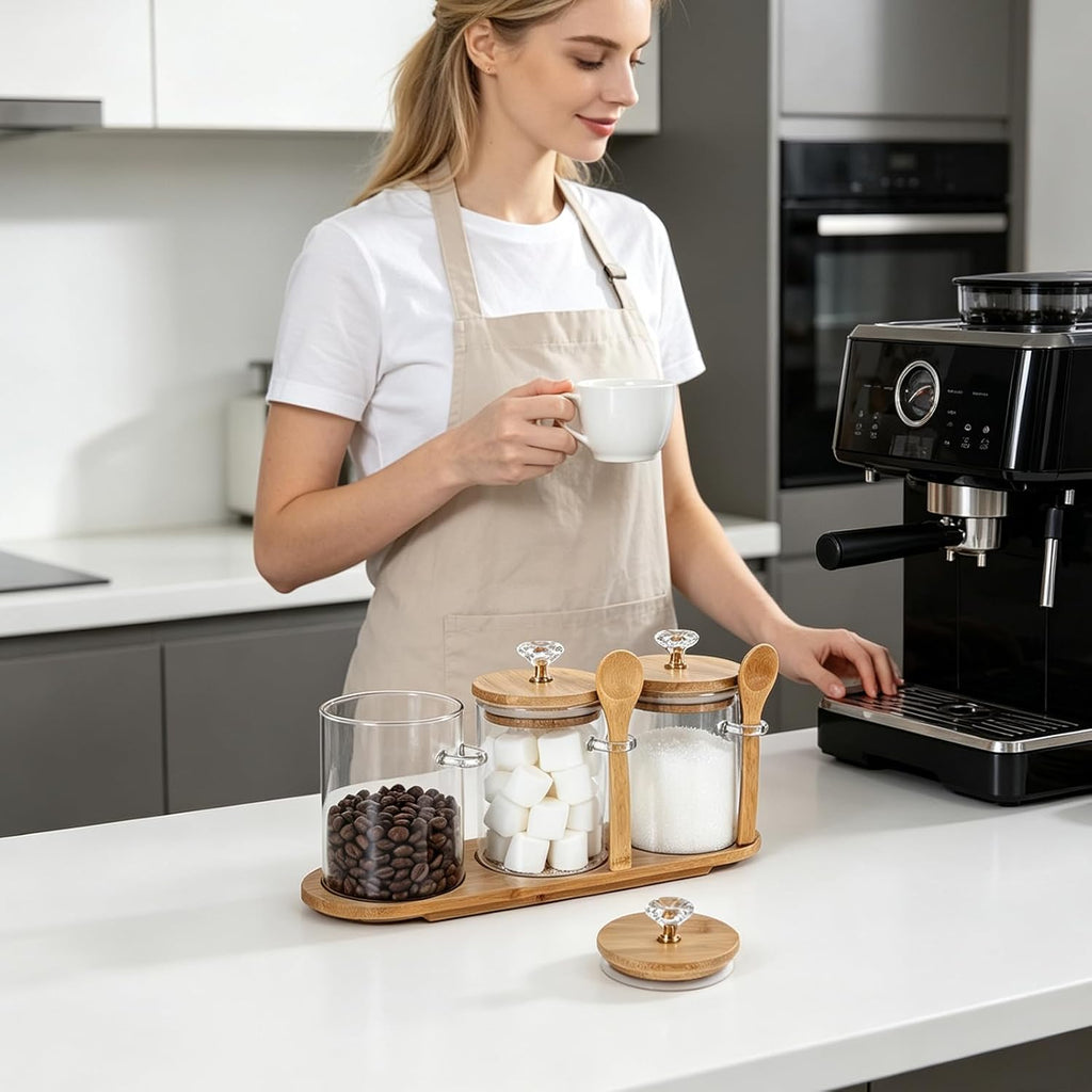 3 Pcs Glass Coffee Container with Lids Spoons Spice Jar Labels Tray