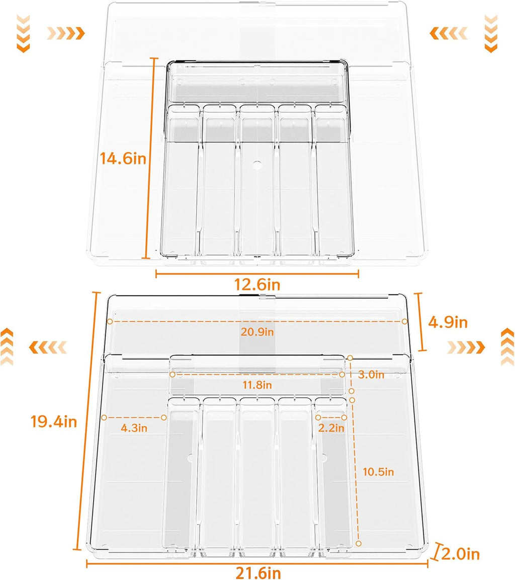 BPA-Free Expandable Utensil Drawer Organizer - Clear Plastic Adjustable Storage Tray for Kitchen Flatware, Knives, Forks and Spoons