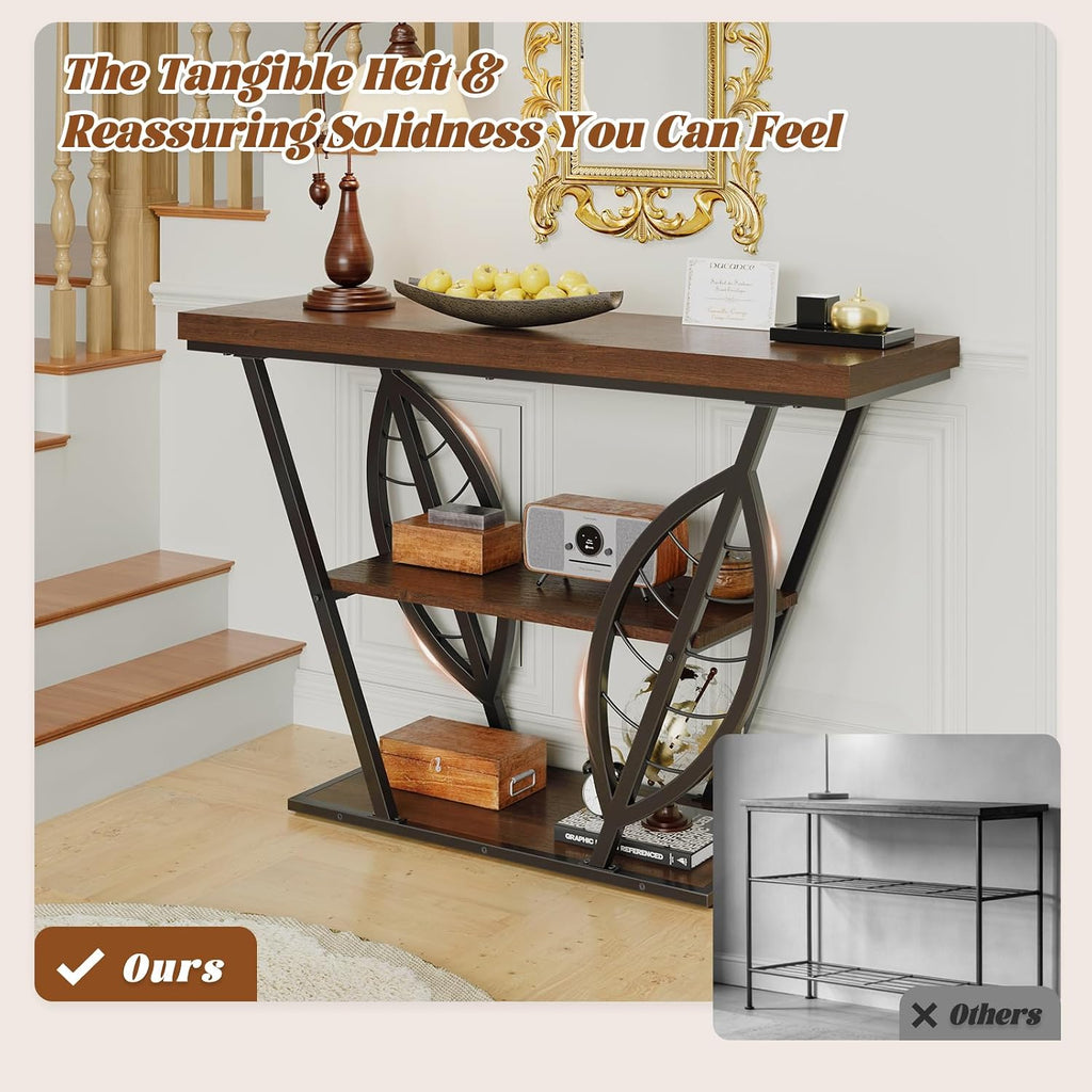 HavenlyYouth Leaf Design Console Table for Entryway, 3-Tier Storage, 30mm Thick Industrial Metal Frame, Easy-to-Assemble Narrow Accent Table, Space-Saving for Hallway, Entrance, Foyer.Walnut