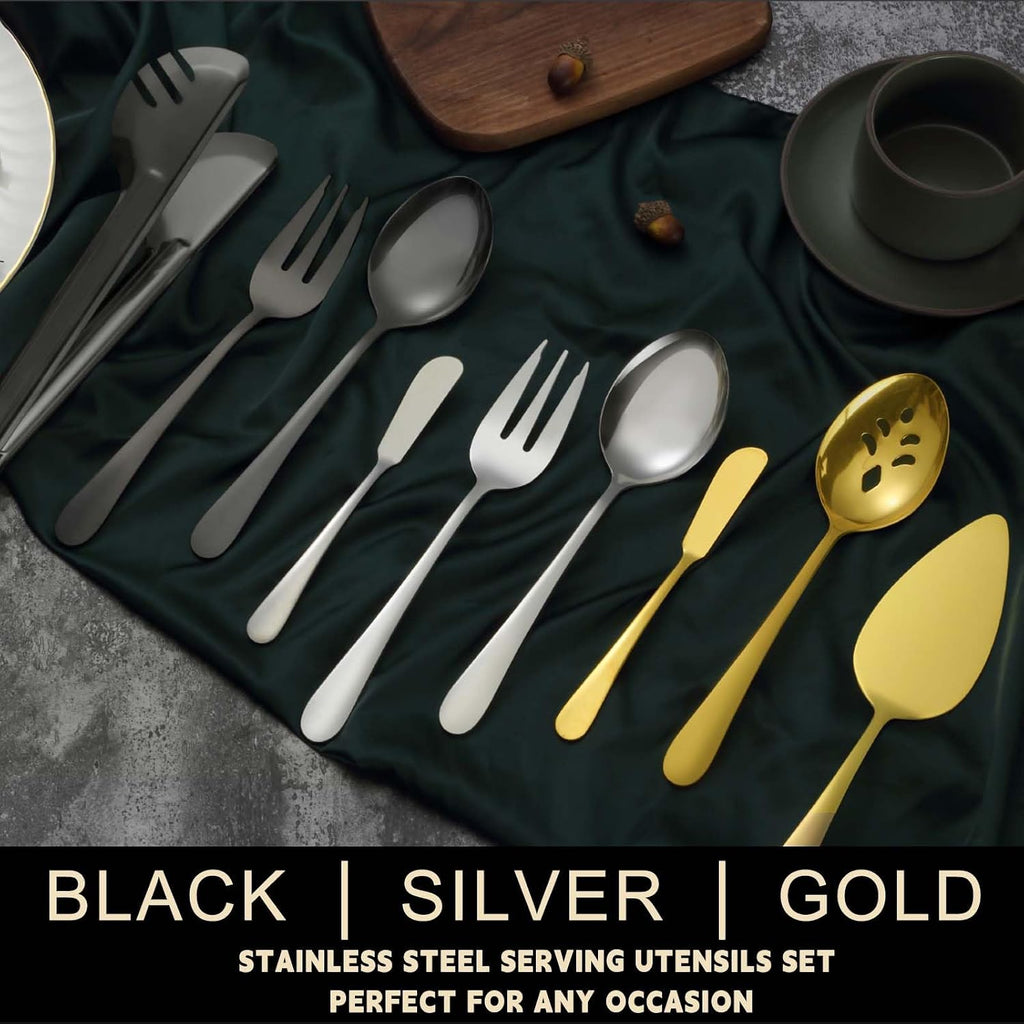BEWOS Black 20-Piece Serving Set, Black Slotted Spoons & Tongs, Forks, Cake Server & Butter Knife, Stainless Steel, Dishwasher Safe