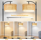 Rustic Black Farmhouse Floor Lamp with Woven Rattan Shade - 12W LED, Remote & Dimmable 3-Color Temp, Tall Standing Lamp for Living Room