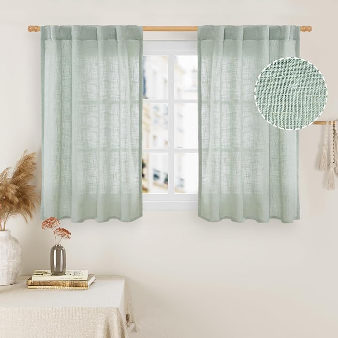 LAMIT Short Linen Window Curtains 40 Inch Length 2 Panels, Light Sage Semi by LAMIT