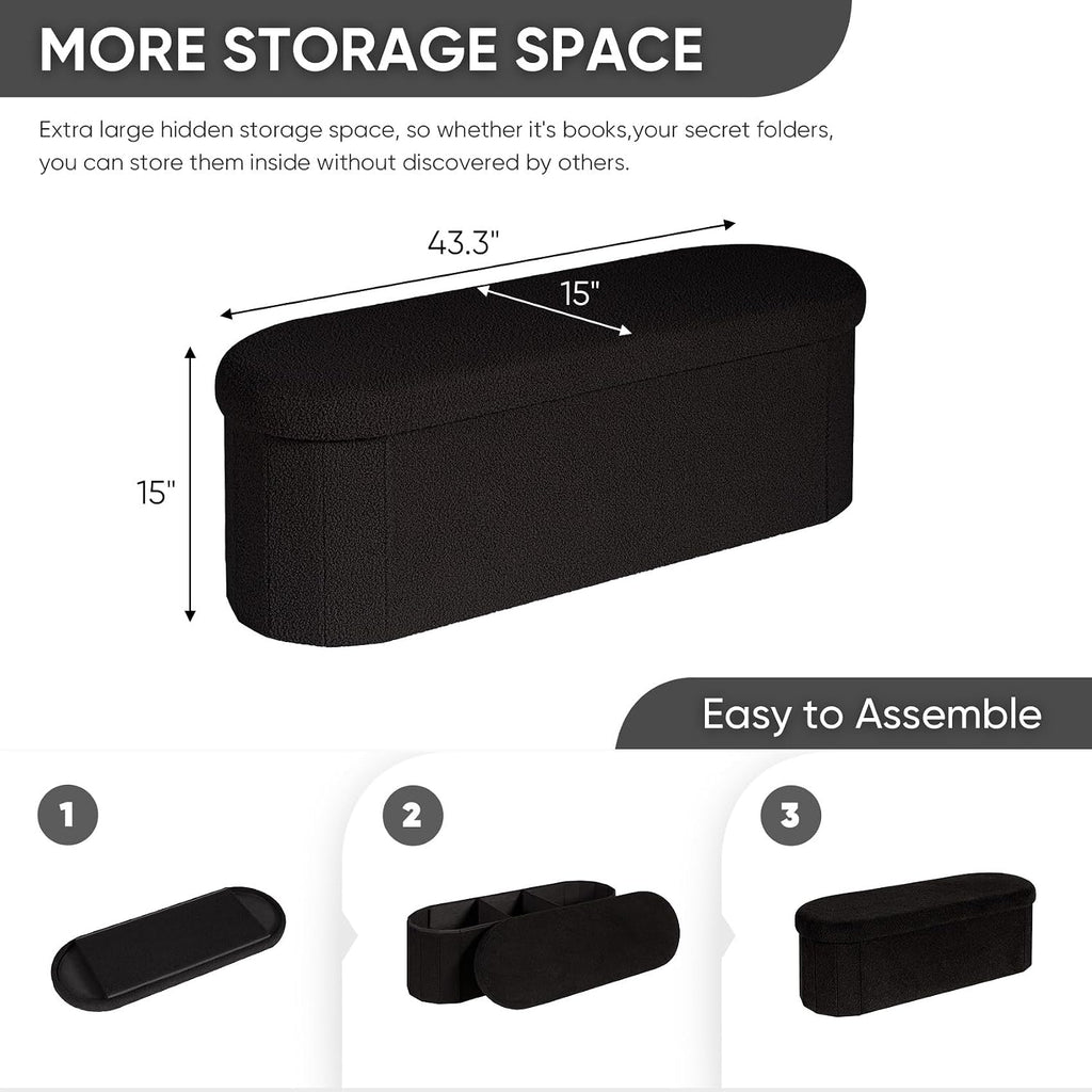 B FSOBEIIALEO 43.3" Sherpa Ottoman with Storage for Living Room, Black