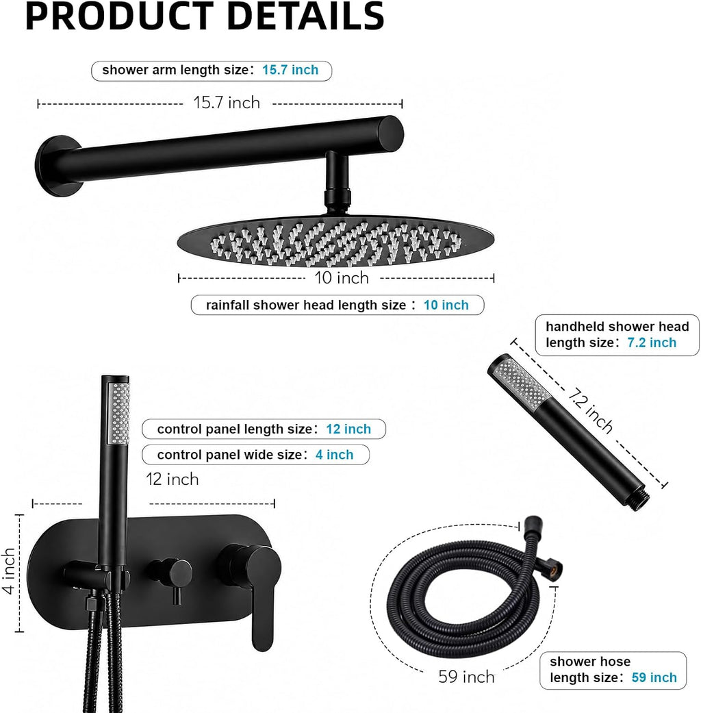HUCKLE Matter Black Shower Faucet Set, 10 Inch Round Rainfall Shower System