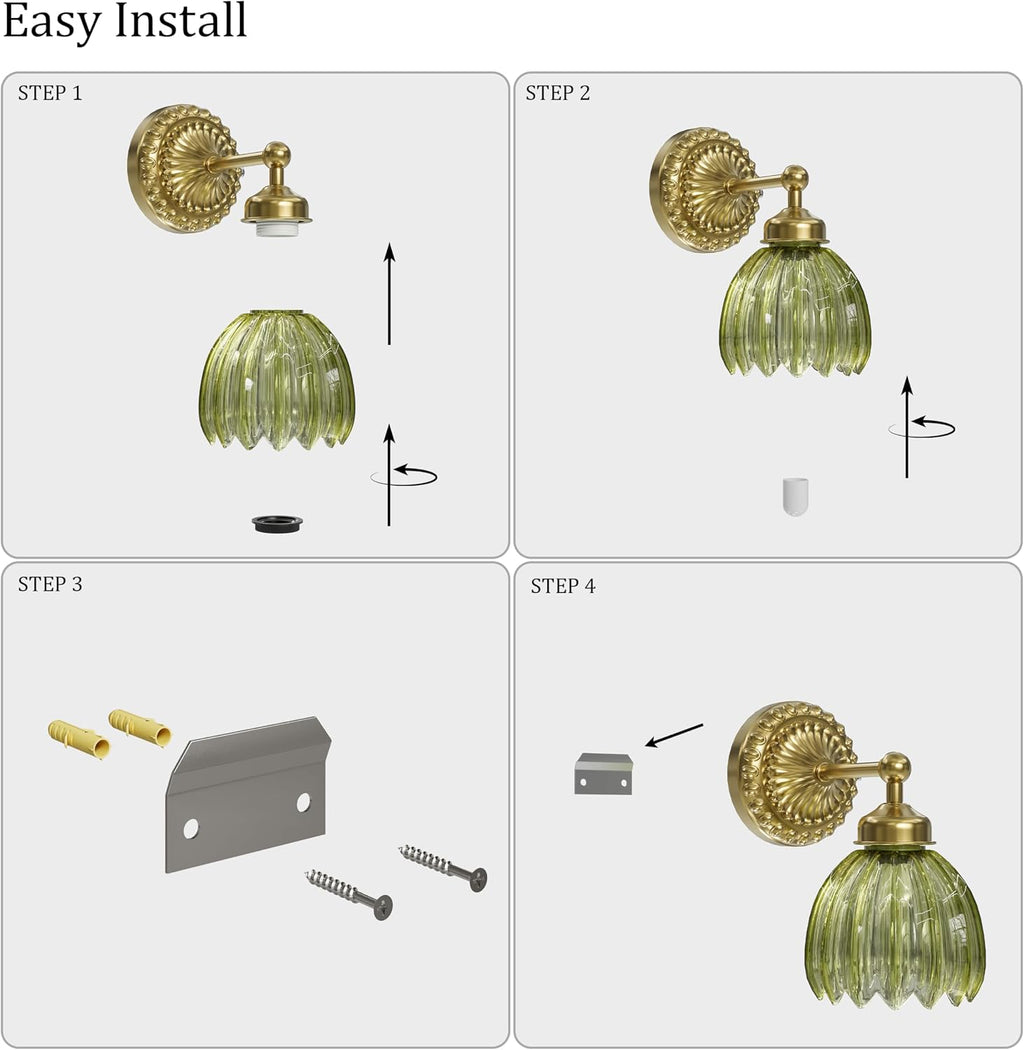 Battery Operated Wall Sconce, Vintage Wall Light, 2 Pack, Green Tulip Glass