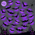 36 PCS LED Purple Lighted 3D Bats Halloween Decoration,5 Sizes & 4 Shapes