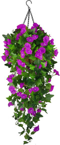Artificial Fake Hanging Flowers Plants Basket for Spring Outdoor Outside Decoration, UV Resistant Faux Plastic Fabric Flower Morning Glory Wisteria Petunia for Garden Porch Patio Balcony Yard Decor