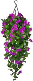 Artificial Fake Hanging Flowers Plants Basket for Spring Outdoor Outside Decoration, UV Resistant Faux Plastic Fabric Flower Morning Glory Wisteria Petunia for Garden Porch Patio Balcony Yard Decor