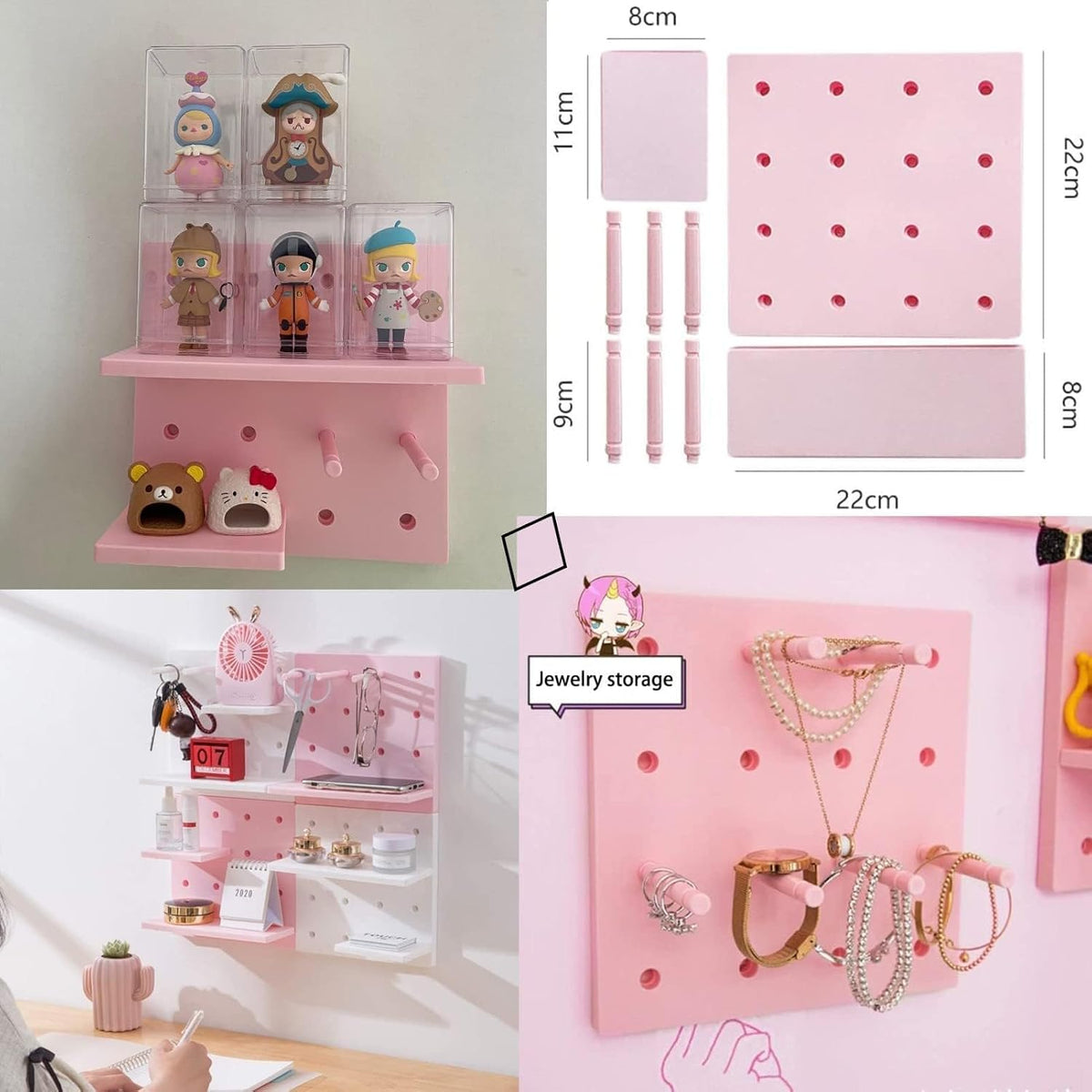 HGYZE Kawaii Peg Board with Hook, Trinket Shelf 4 Pack, Cute Room Decor