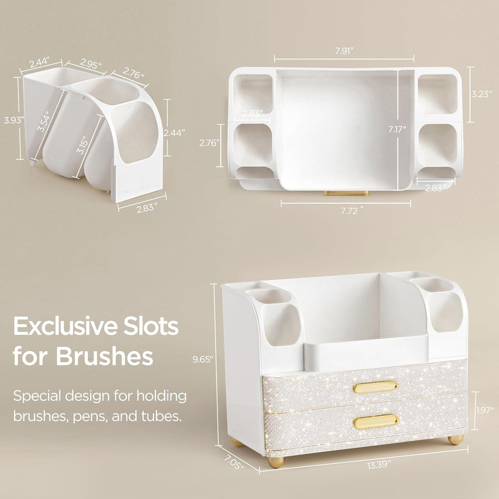 HBlife Makeup Organizer for Vanity with Brush Holder, Large Bathroom Countertop Cosmetic Organizer Skin Care Storage, Easy to Store Nail Polishes, Perfumes, Eyeshadow Palettes, Pearl All White