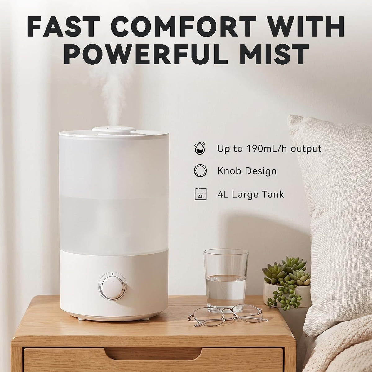 4L Humidifier for Large Room - High Mist Output, 60 HR Runtime, Ultrasonic Top Fill Humidifiers for Bedroom, Easy to Use & Clean for Home & Baby