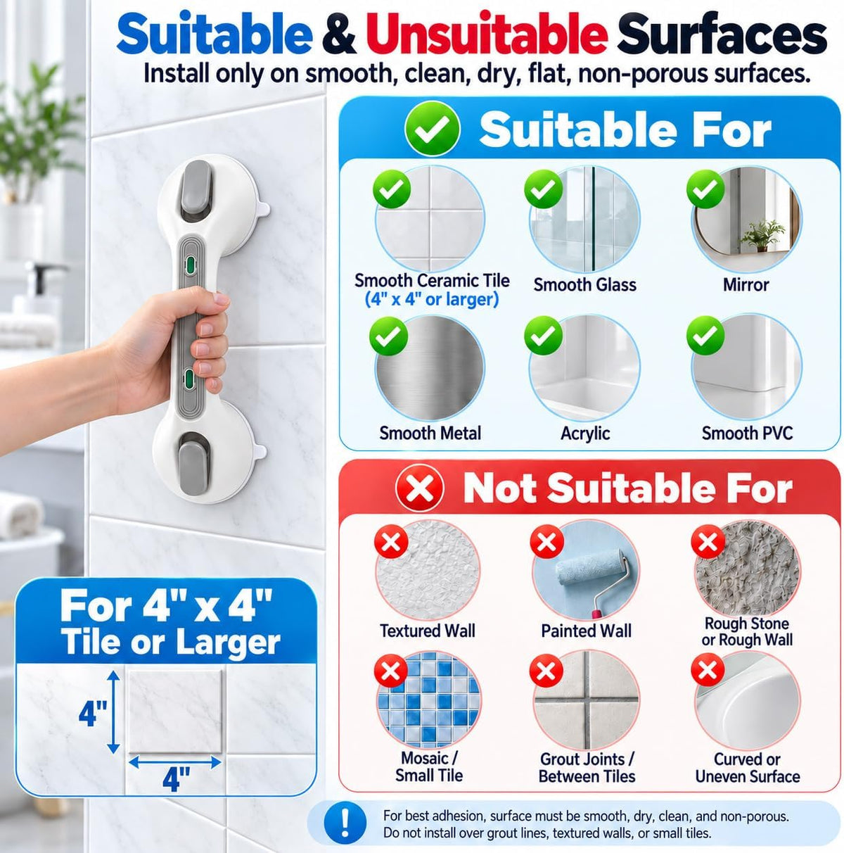 Shower Grab Bars for Seniors, Updated 12" Shower Suction Handles, 2 Pack