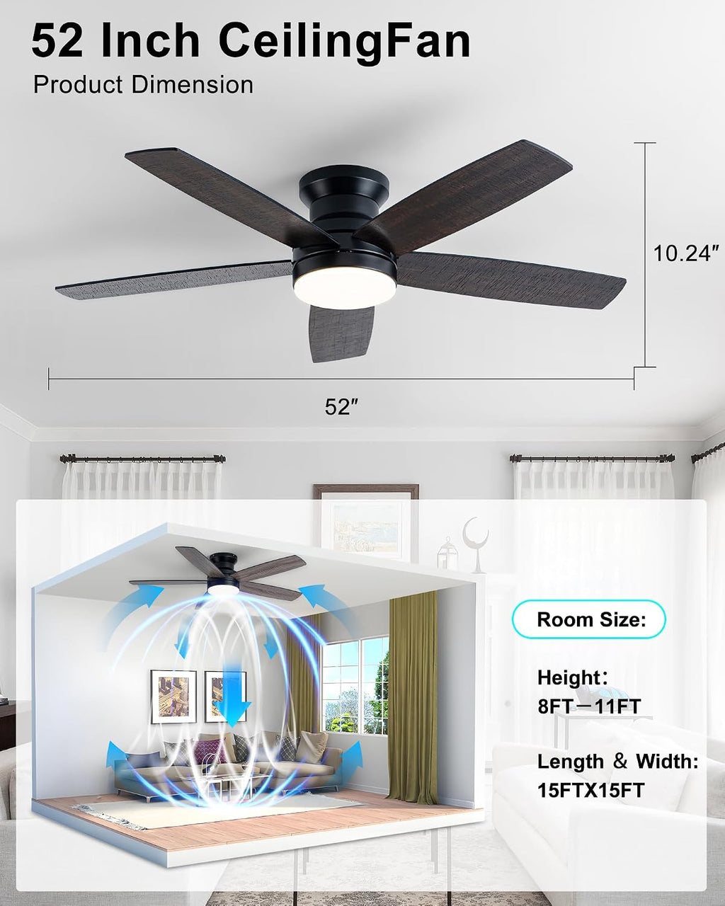 Coolwind Flush Mount Ceiling Fan with Light, Display Remote/APP Control