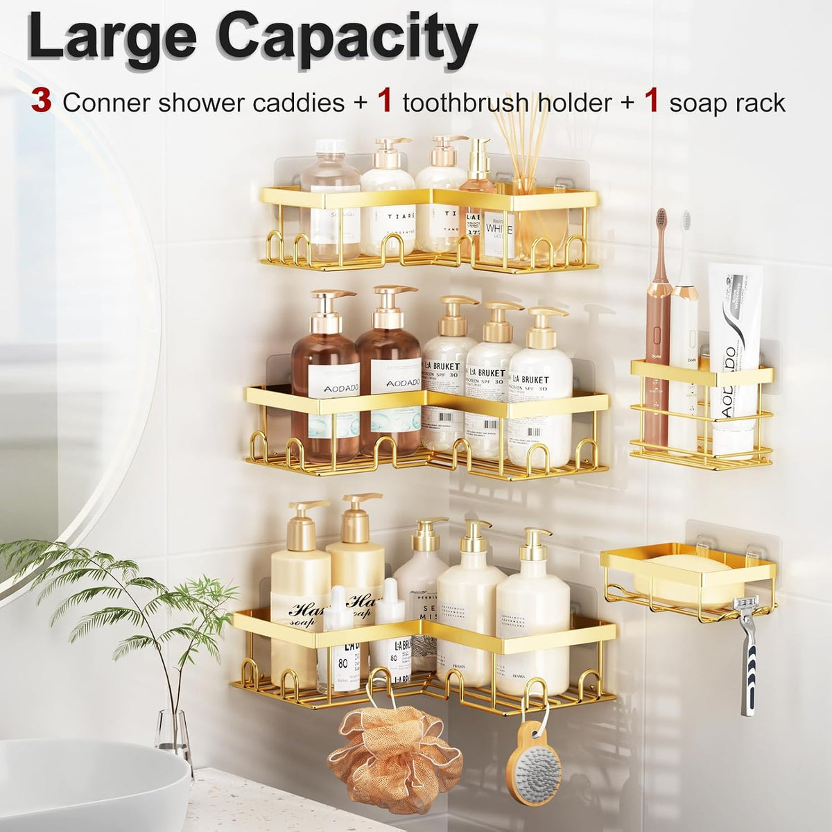 Corner Shower Caddy, 5 Pack Adhesive Stainless Steel Organizer, Gold