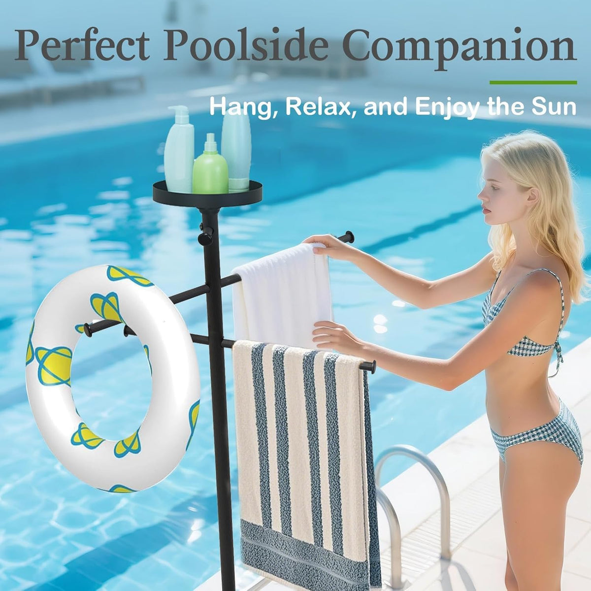 63 Inch Pool Towel Rack Outdoor with Built-in Tray and Wheels