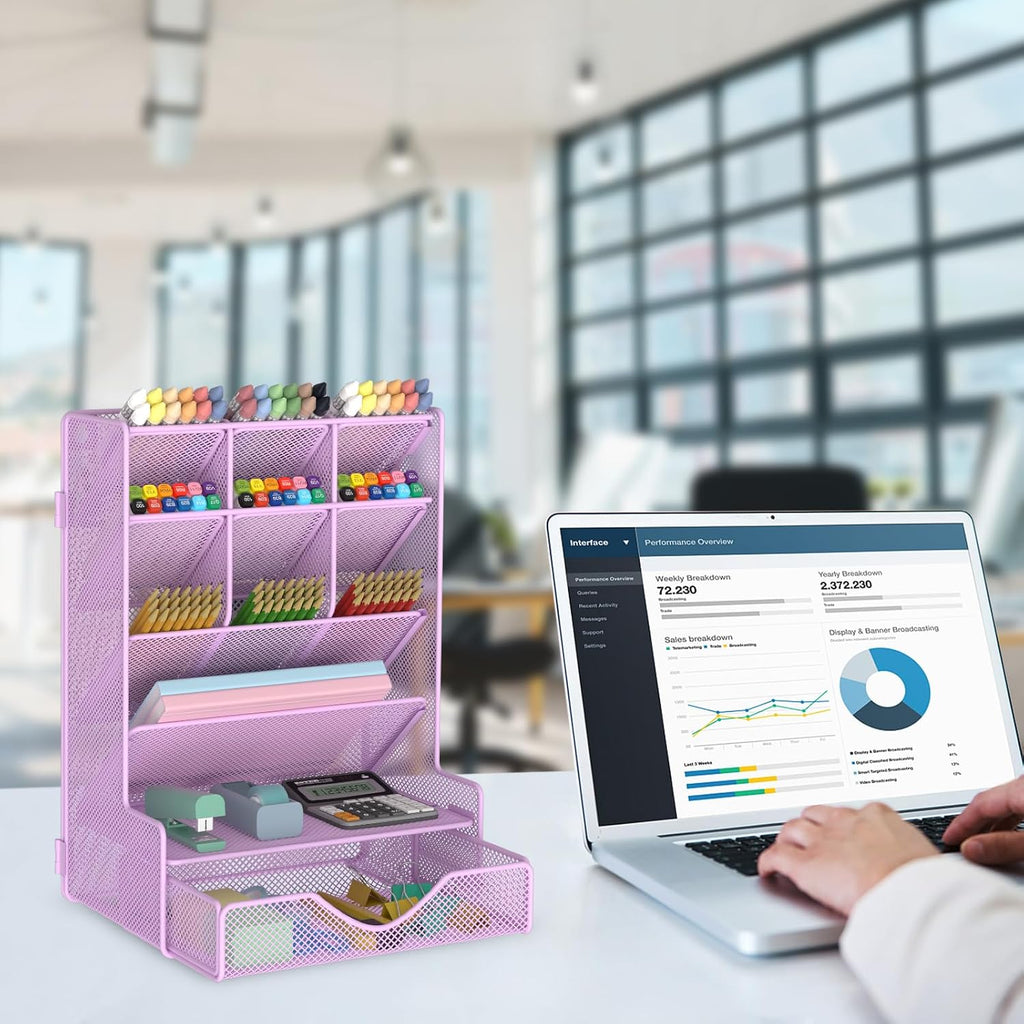 Pen Organizer for Desk, Multi-Functional Desk Organizer, Wall Mount Pen Holder with Drawer for School, Office, Home, Art Supplies, Purple