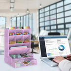 Pen Organizer for Desk, Multi-Functional Desk Organizer, Wall Mount Pen Holder with Drawer for School, Office, Home, Art Supplies, Purple